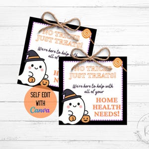 May include: Two Halloween-themed gift tags with a black border and a cute ghost illustration. The tags read "NO TRICKS JUST TREATS!" and "HOME HEALTH NEEDS!" with a Canva logo. Tied with twine.