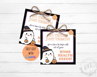 May include: Two Halloween-themed gift tags with a black border and a cute ghost illustration. The tags read "NO TRICKS JUST TREATS!" and "HOME HEALTH NEEDS!" with a Canva logo. Tied with twine.