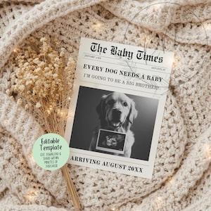 Op de afbeelding: Een zwart-wit aankondiging in krantenstijl, getiteld "The Baby Times", met de kop "Every Dog Needs a Baby". Het bevat een foto van een Golden Retriever met een echografie en de tekst "Arriving August 20XX."