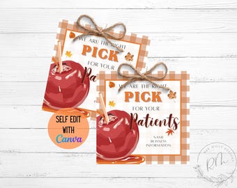 May include: Two square cards with a caramel apple illustration and text that reads "WE ARE THE RIGHT PICK FOR YOUR PATIENTS". The cards have a gingham border and are tied with twine. The text "SELF EDIT WITH Canva" is also present.