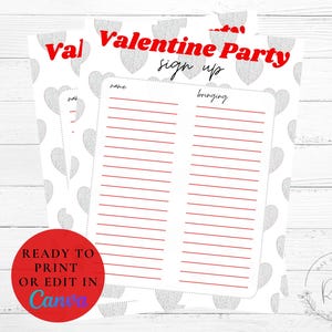 May include: Printable Valentine's Day party sign up sheet with a white background and silver glitter hearts. The sheet has two columns labeled "name" and "bringing".