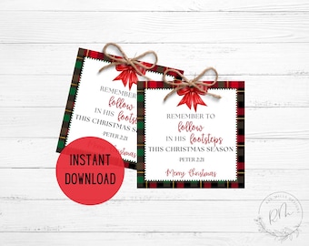 Christmas Bible Verse Gift Tags | Printable Christmas Tags | Follow in his footsteps Tags | Sock Gift Tags | Christian Christmas Tags