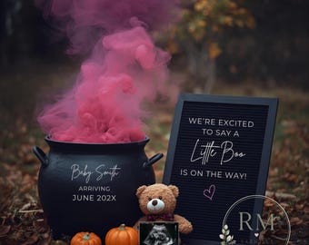 May include: A black cauldron emitting pink smoke with the text Baby Smith ARRIVING JUNE 202X, a brown teddy bear holding an ultrasound image, and a black letter board reading WE'RE EXCITED TO SAY A Little Boo IS ON THE WAY! with two orange pumpkins.