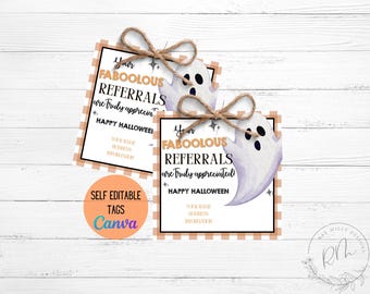 May include: Two Halloween-themed gift tags with a ghost illustration and the text "Your Faboolous Referrals are Truly Appreciated." The tags have a gingham border and are tied with twine. The words "Happy Halloween" are also visible.