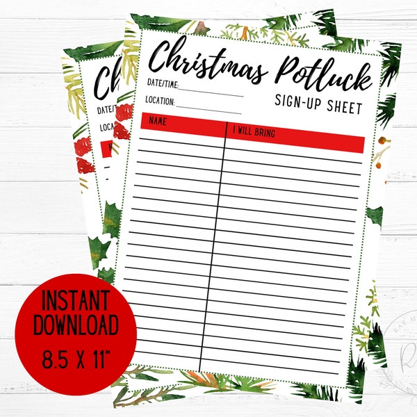 Printable Christmas Potluck Sign Up Sheet | Food Sign up sheet | Christmas Parties | Christmas Dinner | Office Potluck | Church Potluck