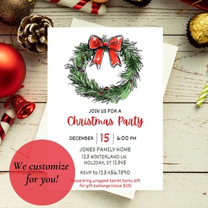 Uitnodiging kerstfeest | Gepersonaliseerde en aangepaste uitnodiging | Kerstfeesten | Uitnodiging van 5 x 7 | Kerstkransen