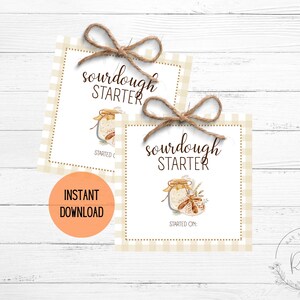 May include: Two printable sourdough starter recipe cards with a rustic design. Each card features a jar illustration, the words "sourdough starter", and a decorative twine bow. An orange circle with the words "instant download" is also visible.