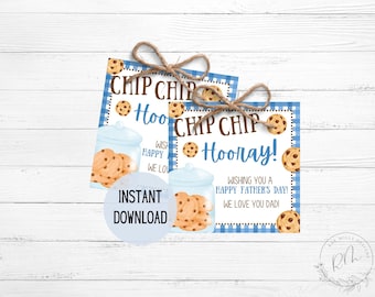 May include: Two Father's Day gift tags with a blue gingham border, cookie illustrations, and the text "Chip Chip Hooray!" and "Wishing you a Happy Father's Day! We love you Dad!" tied with twine.