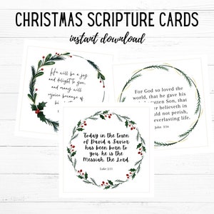 May include: Three white square Christmas Scripture Cards with wreaths and text. The cards feature Bible verses and are decorated with green leaves and red berries. The text at the top says "CHRISTMAS SCRIPTURE CARDS instant download."