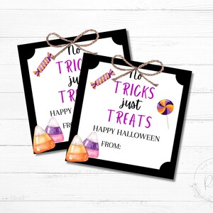 Etiquettes cadeaux Halloween imprimables | Étiquette No Tricks Just Treats | Sacs cadeaux