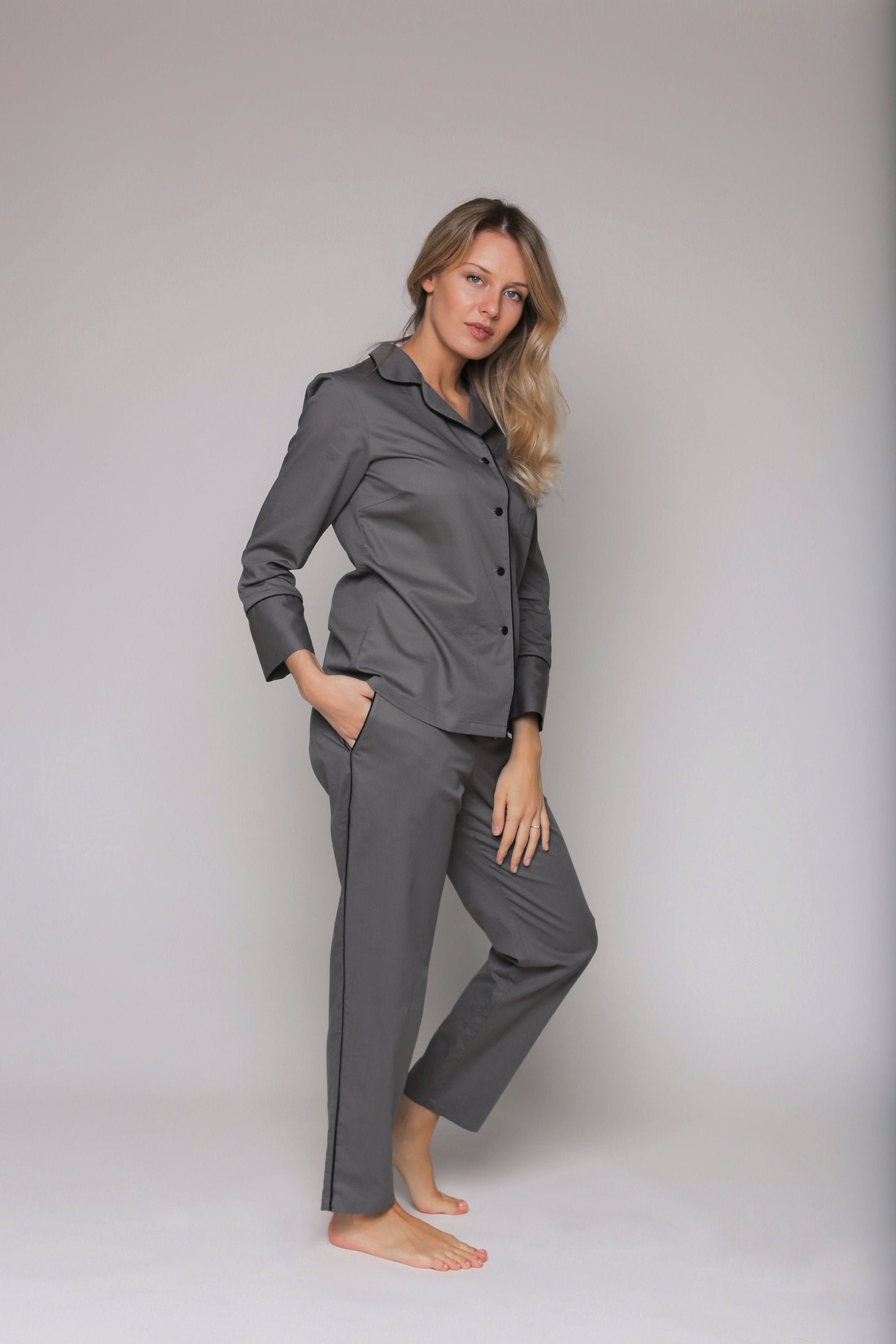 Gray Pajama Set Women Pajama Set Cotton Pajama Set Sateen Etsy
