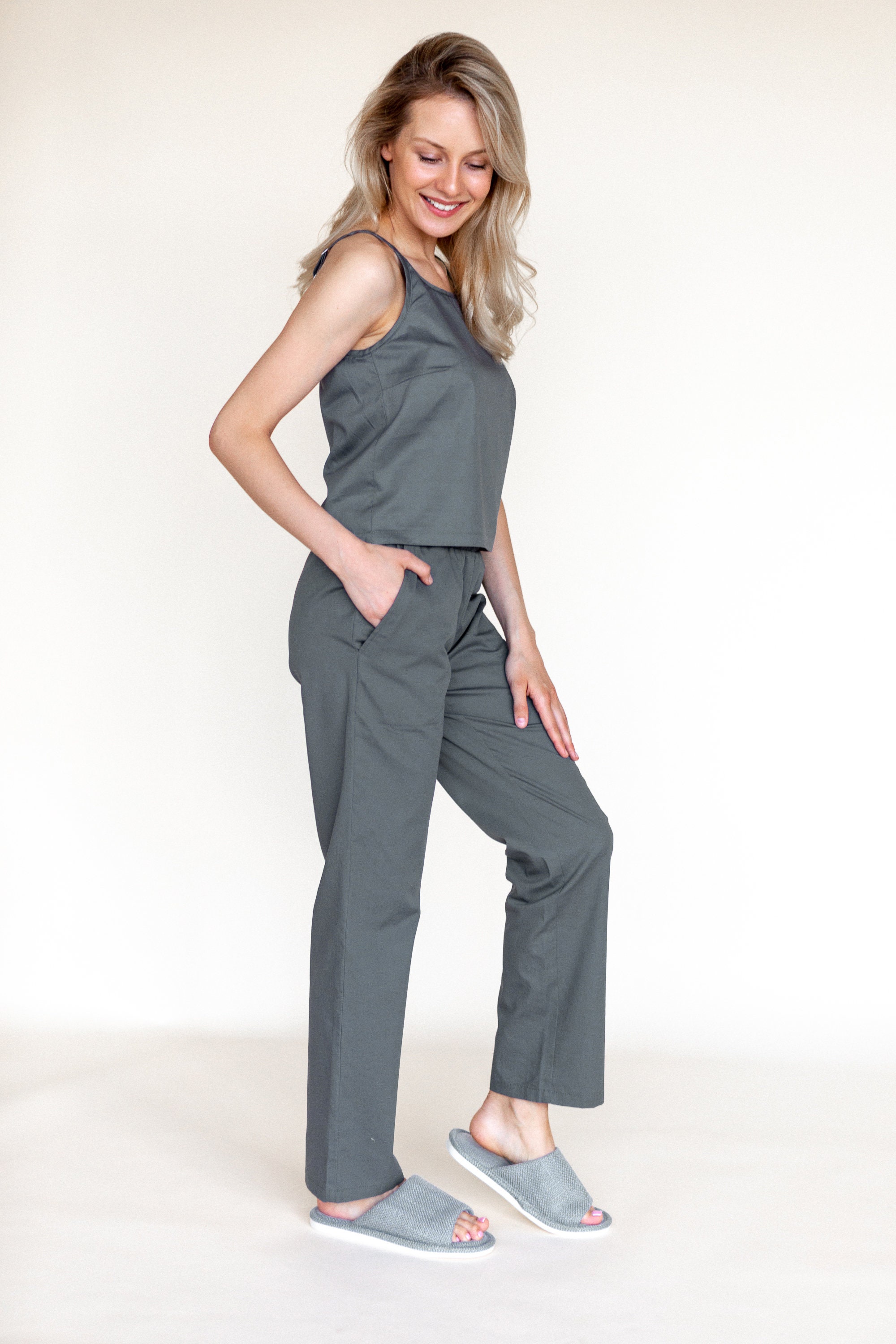 Gray pajama set shirt pants. 100 washed cotton. Etsy