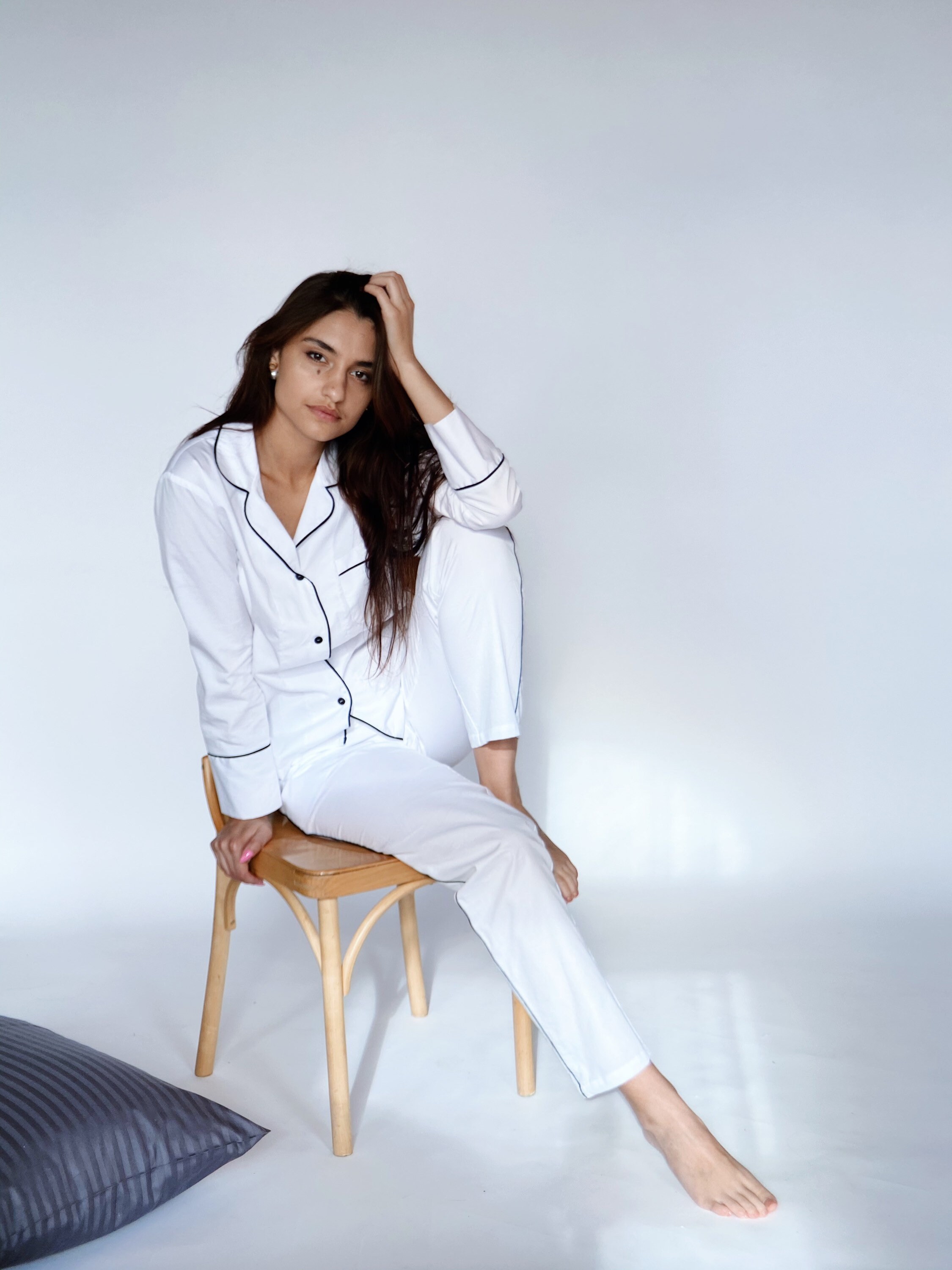 Women's beige sateen cotton pajamas with piping | Etsy