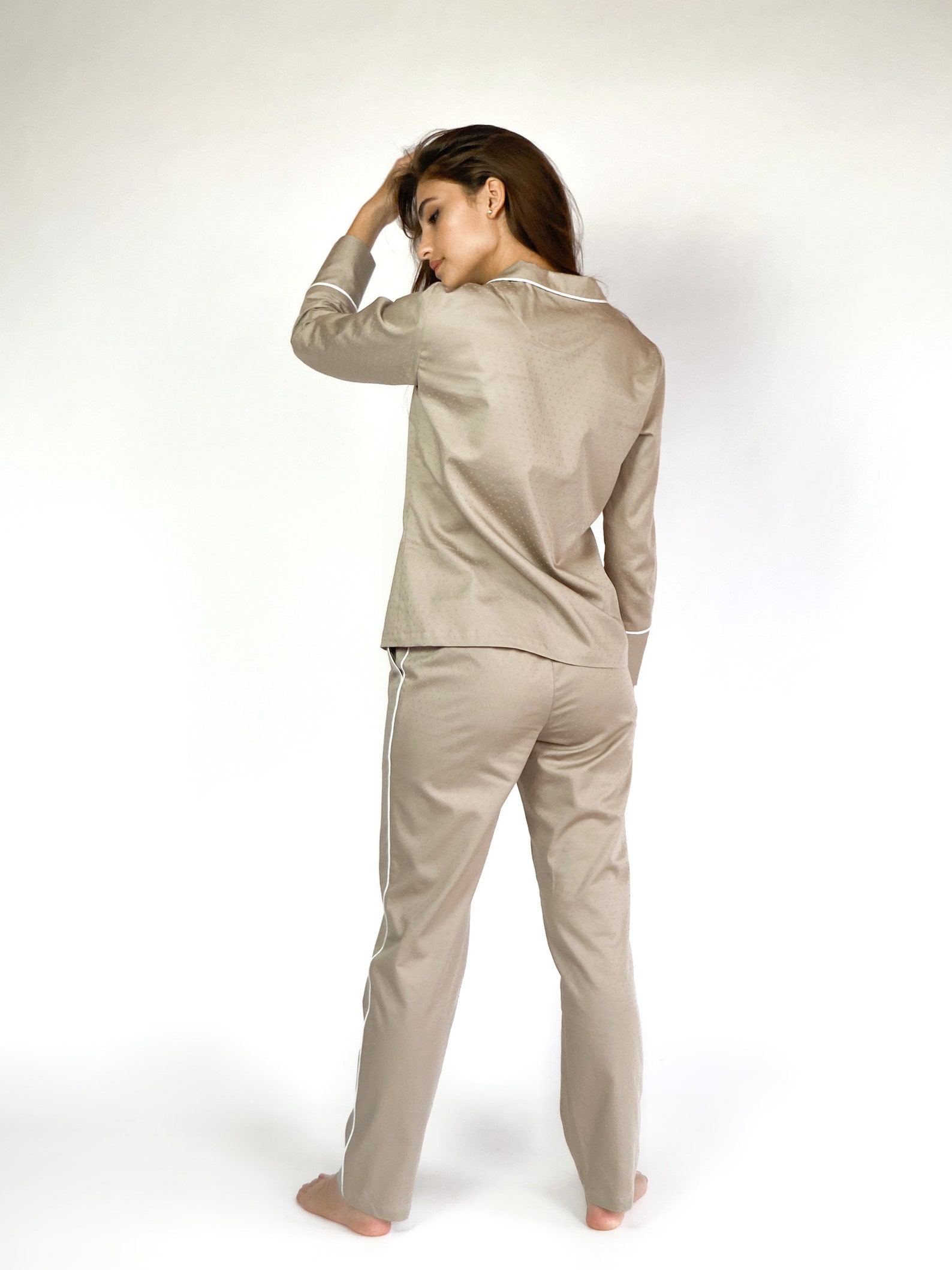 Women's Beige Sateen Cotton Pajamas With Piping | Etsy