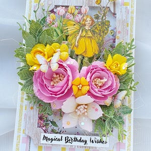 Handmade greetings card, with foam handmade flowers, butterflies fairy tale, colorful boxed card 3d, for girl, handmade  card with fairy