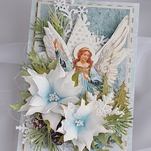 Carte de Noël faite à la main, avec un ange, carte de Noël religieuse, carte de Noël dans une boîte, carte de vacances florale, bénédictions de Noël