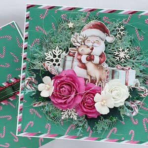 Handgemaakte 3D-vakantiekaart, kleurrijke kaart, Kerstman en herten, winterkrans en bloemen, bloemenkerstkaart 3D, schattige seizoensgroeten