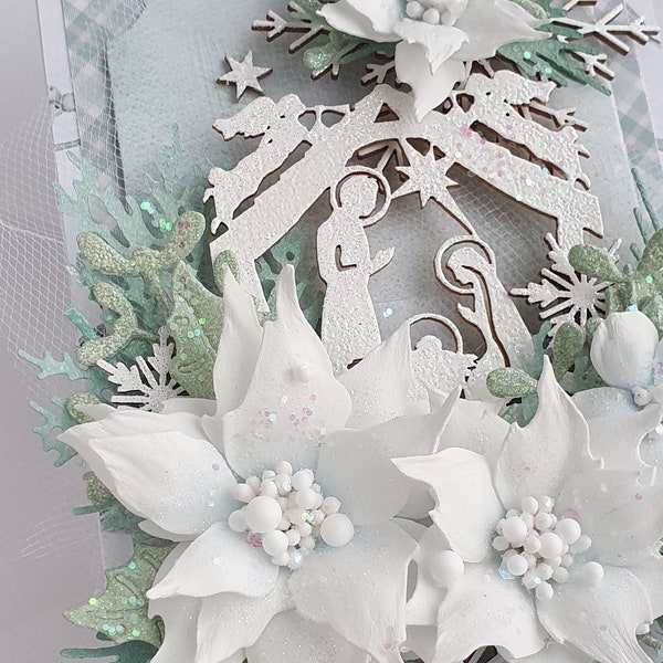 Card with Nativity scene, Christmas handmade card, elegant floral Christmas card, white glittered winter flowers, catholic religious card 3d