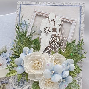 Biglietto di nozze fatto a mano, biglietto di nozze pastello, biglietto elegante floreale, biglietto con ortensie blu, biglietto di nozze romantico 3D, biglietto con coppia, boho