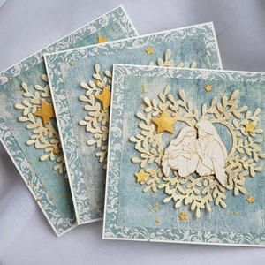Set of 3 Christmas cards, handmade season greeting cards 3d, religious Christmas card, blue and golden simple cards, square cards envelopes