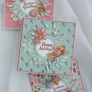 3 Weihnachtskarten, lustige bunte Karten, Setkarten mit Umschlägen, Lebkuchen, Pastellkranz, glänzender Glitzer, Saisongrußkarten
