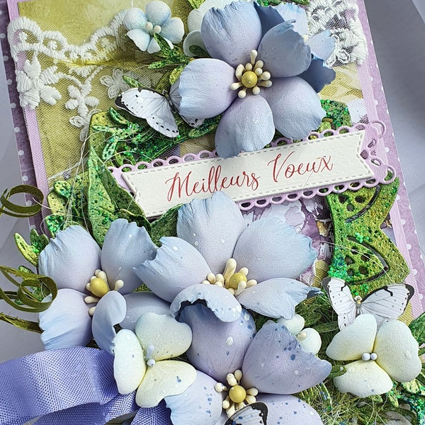 Carte de vœux faite à la main, carte romantique en boîte, carte d'anniversaire pour elle, fleurs en mousse violette, papillons, carte souvenir florale
