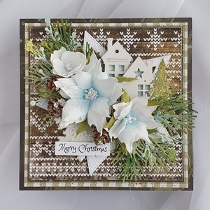 Christmas boxed card, Handmade holiday 3d card, natural colors card, winter houses, floral Christmas card 3d, fancy holiday card