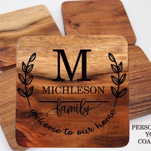 Monogram Wood Coasters Custom Family Name Engraved, Housewarming gift, Engraved Coasters, Wedding Coasters