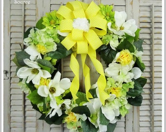 Magnolia Wreath, Spring Summer Wreath, Wreath for Front Door, Green-White Wreath, Elegant Wreath, Bridal Wreath, Year Round Wreath, 20" Di