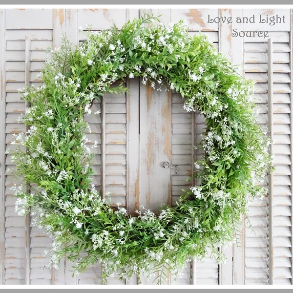 Farmhouse Wreath, French Country Decor, Green White Wreath, Gypsophila Baby's Breath, Year Round Wreath, Large, Lush Lavish 22" High Quality