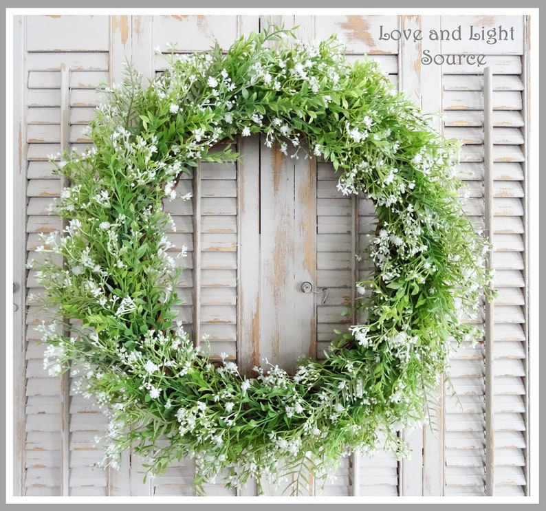 Farmhouse Wreath, French Country Decor, Green White Wreath, Gypsophila Baby's Breath, Year Round Wreath, Large, Lush Lavish 22 High Quality image 1