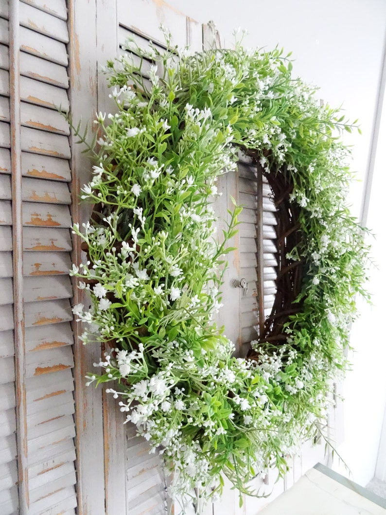 Farmhouse Wreath, French Country Decor, Green White Wreath, Gypsophila Baby's Breath, Year Round Wreath, Large, Lush Lavish 22 High Quality image 3