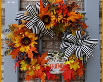 Fall Wreath, Autumn Wreath, Fall Front Door Wreath, Sunflower Wreath, Welcome Friends Wreath, Stunning Fall Wreath, 24"