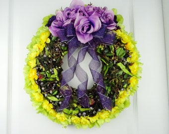 Spring Wreath, Summer Wreath, Front Door Wreath, Purple Roses Wreath, Berries Wreath, Pip Berry Wreath, Yellow-Purple-Green Wreath