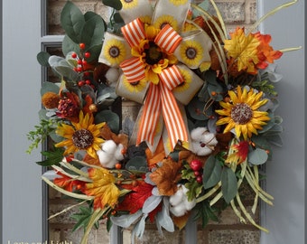 Fall Wreath, Autumn Wreath, Fall Front Door Wreath, Sunflower Wreath, Fall Cotton Wreath, Lamb Ear Wreath, Stunning Fall Wreath, 22-23"