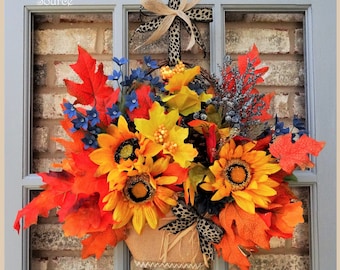 Fall Wreath, Autumn Wreath, Fall Front Door Wreath, Sunflower Wreath, Basket Wreath, Fall Bouquet Wreath, Cheetah Ribbon Fall Wreath