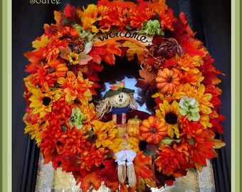 Fall Wreath, Fall Leaves Wreath, Fall Front Door Wreath, Sun Flowers Wreath, Scarecrow Wreath, Pumpkin Wreath, Orange Fall Wreath