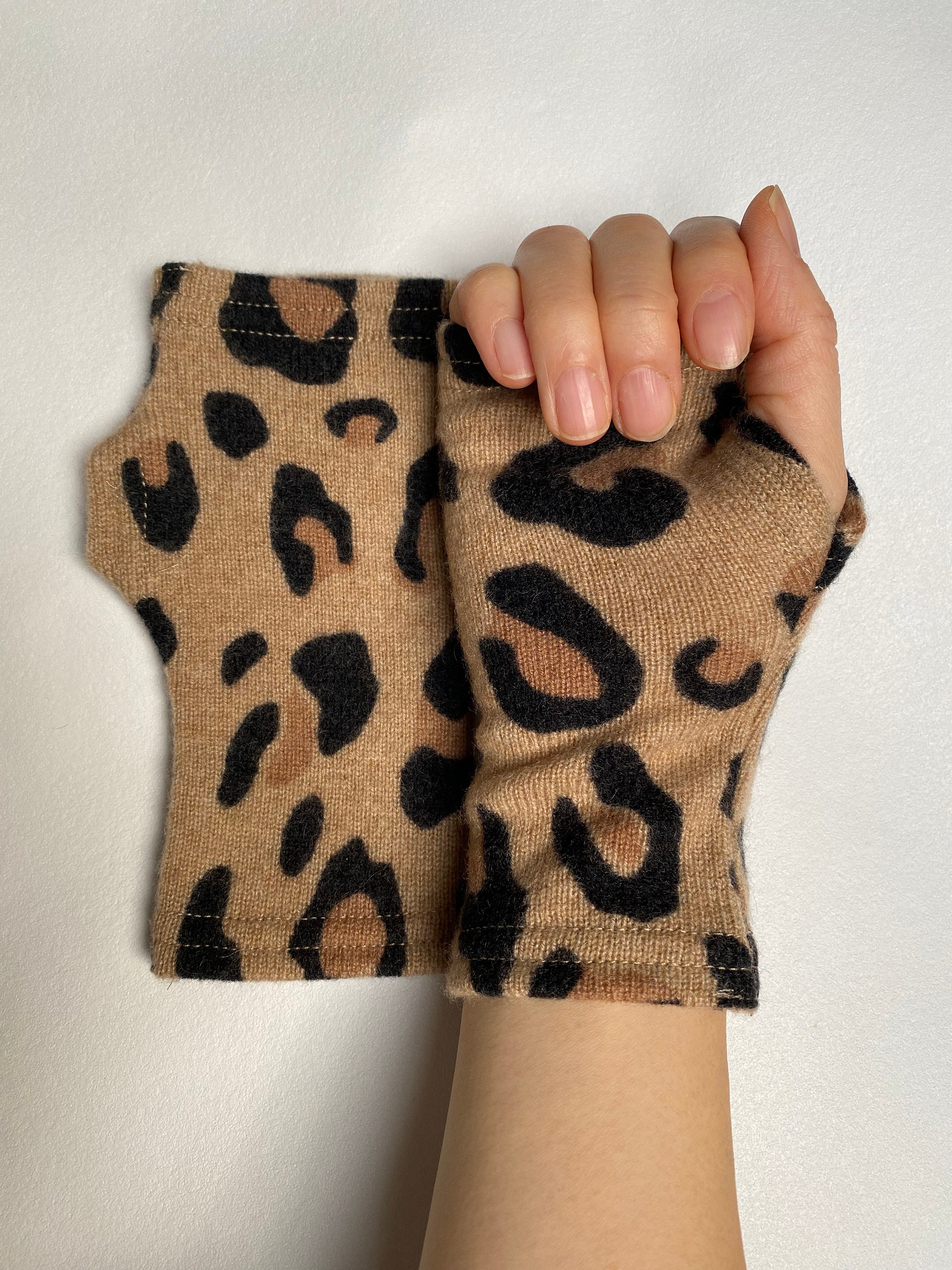 Recycled Cashmere Leopard Print Fingerless Gloves Animal - Etsy