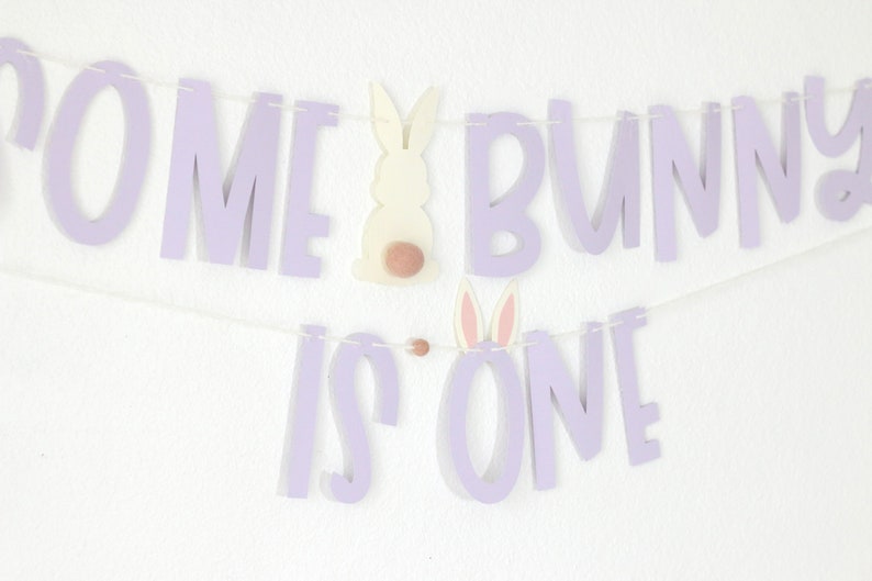May include: Purple banner with the words "Some Bunny is One" and bunny cutouts. The banner is strung with white string.