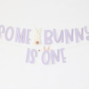 May include: Purple banner with the text "Some Bunny is One" and a white bunny cutout with pink ears.