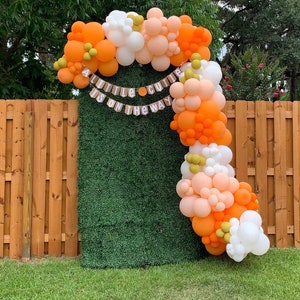 May include: A balloon arch made of orange, peach, white and green balloons. The arch is decorated with a banner that reads "A little cutie is on the way".