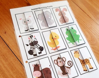 Animal Matching Puzzle Printable, Busy Book Page, Homeschool, Toddler, Preschool and Kindergarten Activity, Worksheet