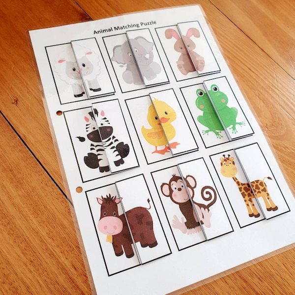 Animal Matching Puzzle Printable, Busy Book Page, Homeschool, Toddler, Preschool and Kindergarten Activity, Worksheet