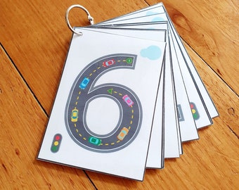 Number Tracing Flashcards, Cars and Roads, Printable, Counting, Learn Numbers, Writing, Preschool and Kindergarten Activity