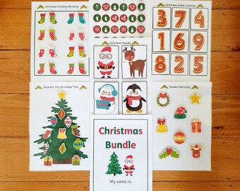 Christmas Busy Book Bundle, Matching Patterns, Shapes, Puzzle, Counting, Numbers, Preschool and Kindergarten Activity, Printable