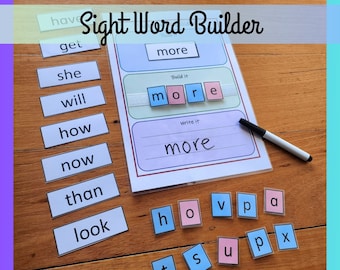 May include: A sight word builder activity with colorful letter tiles and a worksheet with the word "more" written on it. The tiles are arranged to spell the word "more".