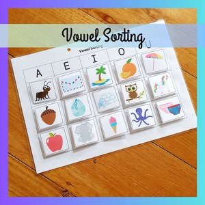 May include: A vowel sorting activity with pictures of an ant, envelope, palm tree, orange, umbrella, acorn, egg, igloo, owl, unicorn, apple, elephant, ice cream cone, octopus, and underwear. The pictures are sorted by the vowel sound in the word.