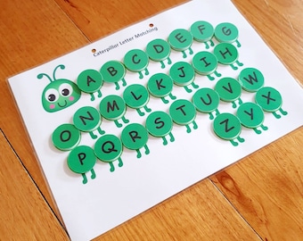 Caterpillar letter matching printbaar, druk boek, leer alfabet, hoofdletters en kleine letters, peuter-, kleuter- en kleuterschoolactiviteit