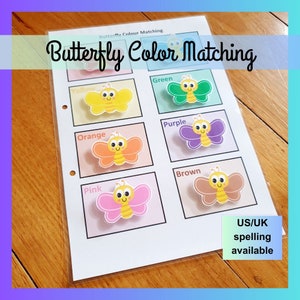 Papillon aux couleurs assorties, imprimable, assortir les couleurs, école à la maison Montessori, cartable occupé, activité de maternelle préscolaire pour tout-petits, téléchargement PDF