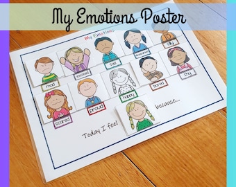 Könnte beinhalten: Ein druckbarer Emotions-Poster mit bunten Illustrationen von Gesichtern, die verschiedene Emotionen ausdrücken, wie zum Beispiel glücklich, traurig, wütend, ängstlich und aufgeregt. Das Poster enthält die Wörter "Meine Emotionen" und "Heute fühle ich mich... weil..."